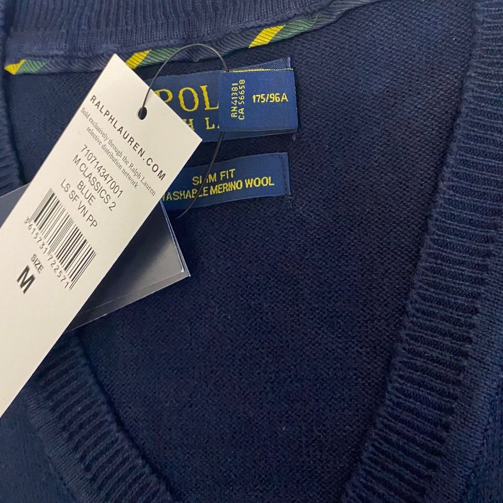 NWT Polo Ralph Lauren Men's V-Neck Wool Sweater Navy Blue Size M, L, XL - Picture 3 of 4